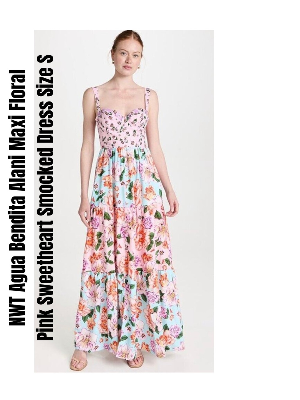 Agua Bendita Alani Maxi Floral Pink Sweetheart Smocked Dress Size S